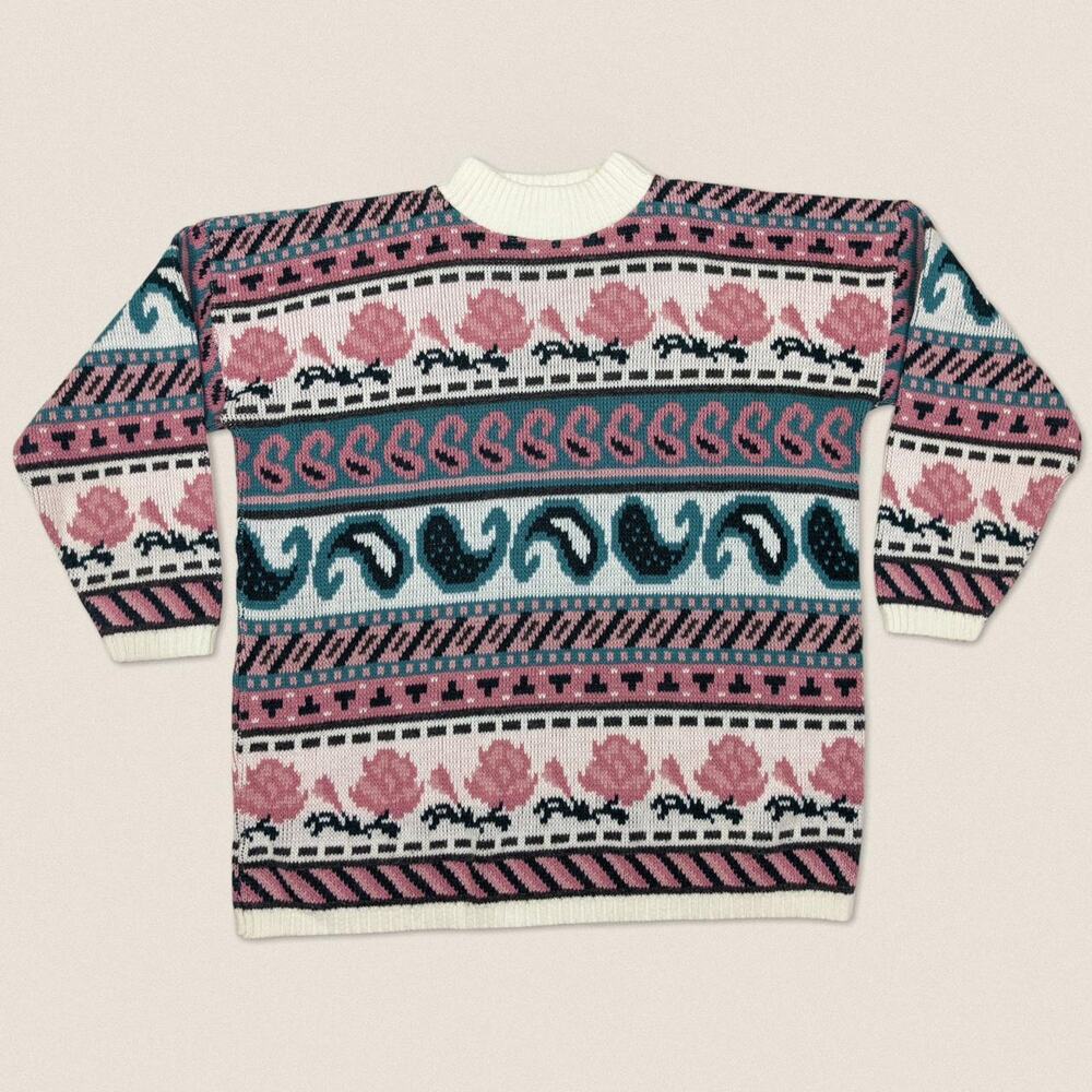 Vintage grandma Sweater roses floral fair isle ski jumper mock neck private eyes